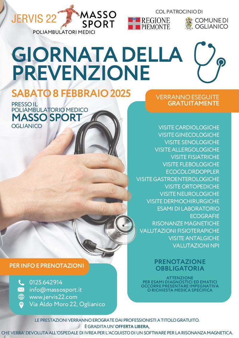 OGLIANICO - Giornata della Prevenzione: visite gratuite al Poliambulatorio Masso Sport