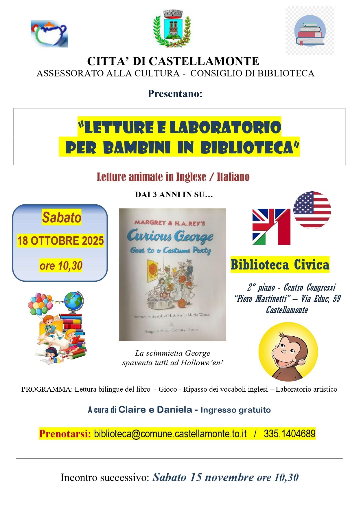 CASTELLAMONTE - Letture e laboratorio per bambini in biblioteca
