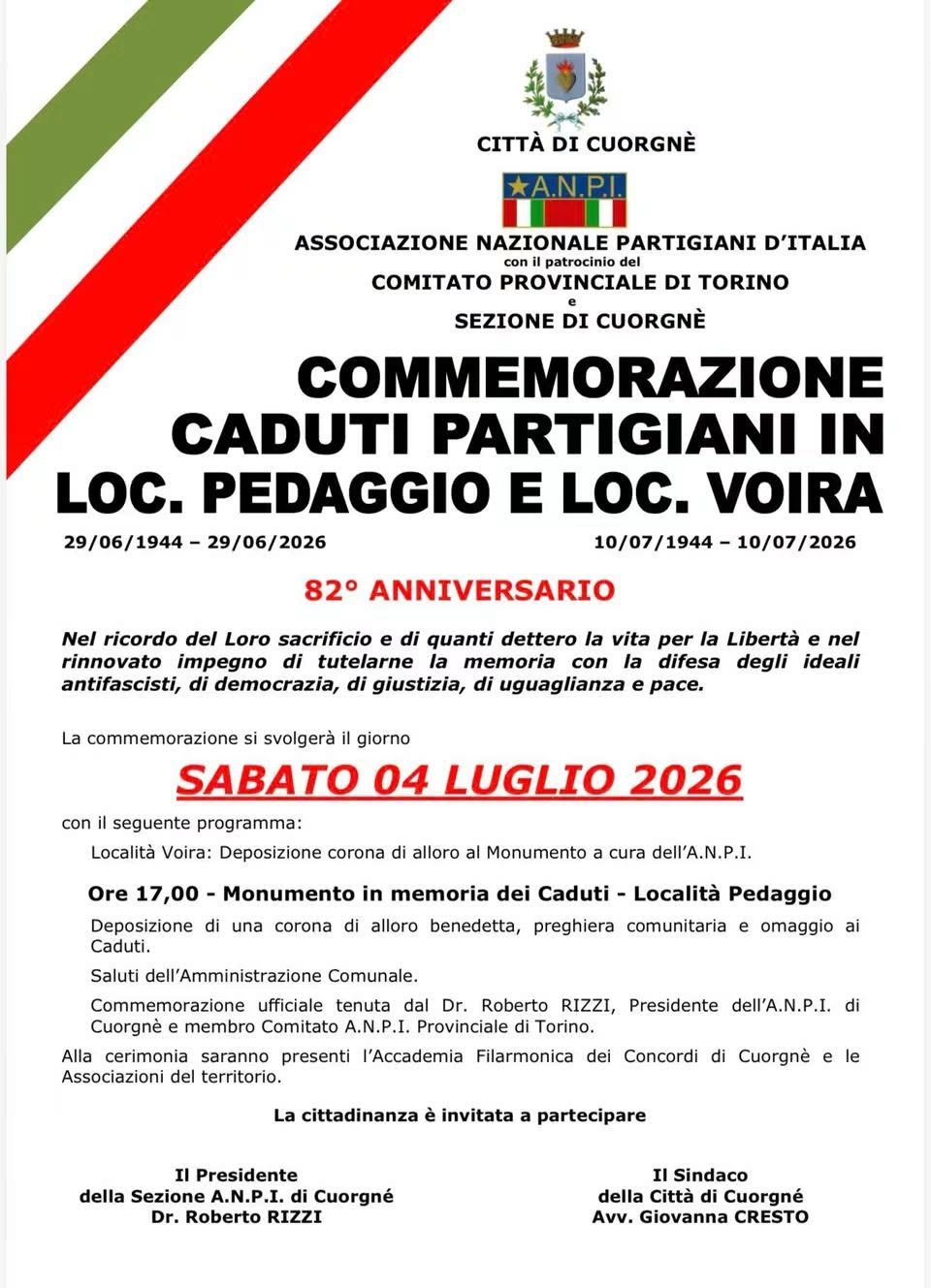 Commemorazione Caduti Partigiani in Loc. Pedaggio e Loc. Voira