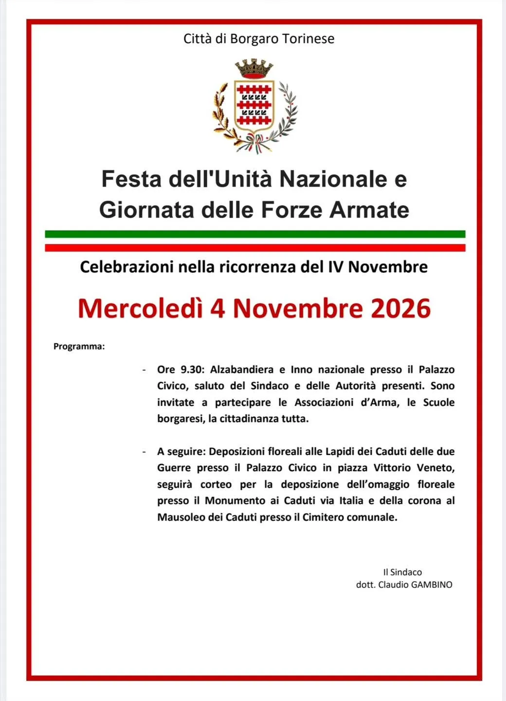Festa dell’Unità Nazionale e Giornata delle Forze Armate a Borgaro