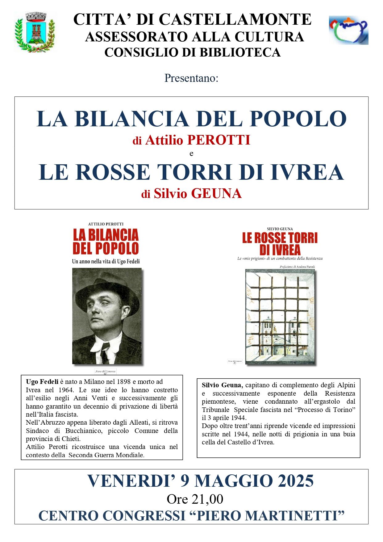 CASTELLAMONTE - Presentazione «La bilancia del popolo» e «Le rosse torri di Ivrea»
