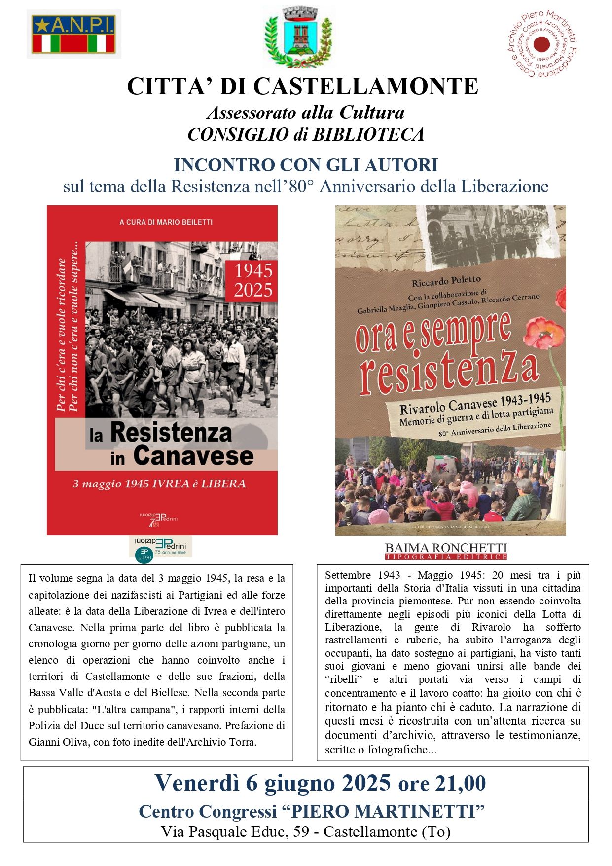 CASTELLAMONTE - Presentazione “La Resistenza in Canavese” e “Ora e sempre Resistenza"